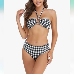 COCOFREE | Women's Black/White Checkered Bandeau Mid Rise Crinkle Bikini